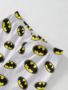BATMAN X SHEIN 小男孩卡通印花長袖上衣與長褲舒適修身套裝，適合居家與外出穿著，百搭款 - 灰色 - 查看 4