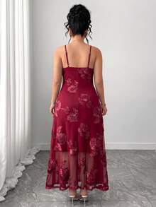 Elenzga 大尺碼優雅網紗刺繡洋裝 - 酒紅色 - 查看 2