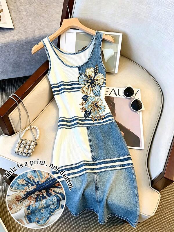 Resyla Váy mùa hè denim họa tiết sọc in hiệu ứng, hoa dâm bụt đính sequin, mặc hàng ngày, chất liệu vải thoải mái
