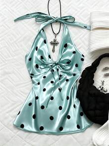 INAWLY Plus Size Women's Summer Casual Polka Dot Print Backless Halter Neck Top - Blue - View 1