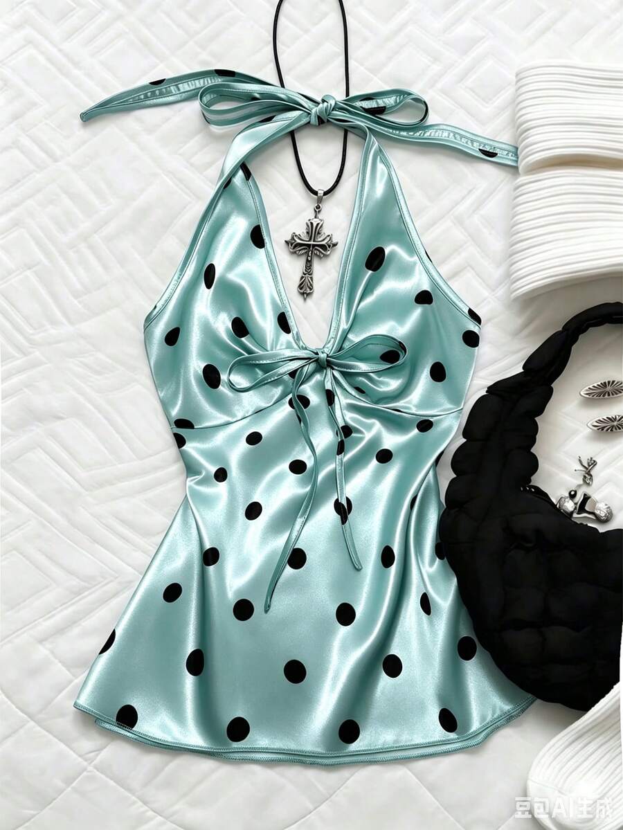 INAWLY Plus Size Women's Summer Casual Polka Dot Print Backless Halter Neck Top - Blue - View 1