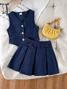 SHEIN Elladie kids 女童復古西裝背心外套與百褶裙兩件套，設計感通勤休閒優雅風 - 藏蓝色 - 查看 6