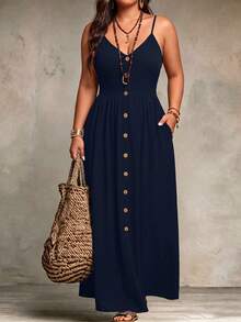 Breezaya Plus Size Women Solid Color Pleated Casual Party Dress With Spaghetti Straps - Navy Blue - View 7