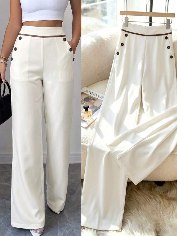 Elenzga Women's All-Season Elegant Contrast Trim Button Decor Pencil Pants, Suitable For Daily Wear And Office
