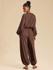 Travachic Women's 34% Cotton Knit Slightly Elastic Drawstring Multi-Wear Collar Long Sleeve Elastic Waist Jumpsuit - Rust Brown - View 3