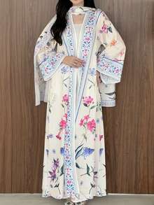 Yasmeen Edit Yasmeen Edit 2pcs Modest Printed Cardigan Abaya With Headscarf Set, Middle Eastern Dubai Style Outerwear Eid Spring - Printing Color - View 7