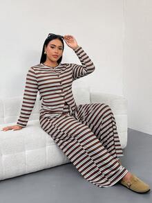 SHEIN Essnce Plus Size Women's Spring/Autumn Fashion Casual Elastic Comfortable Daily Brown Striped Button Cardigan And Wide Leg Pants 2-Piece Set, Autumn Striped 2-Piece Set, Outing Outfit, Comfortable Clothing - Brown - View 6