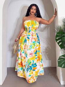 SHEIN CURVE+ Robe sans bretelles plissée à imprimé floral décontractée pour soirée pour femmes grandes tailles - Multicolore - Voir 4