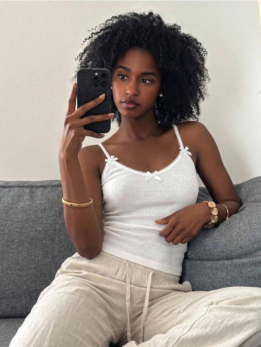 Livesso Summer Autumn Spaghetti Strap Bow Decor Square Neck Fitted Solid All White Polka Dot Women's Tank Top Lounge Cute Everyday House Romantic - White - View 1