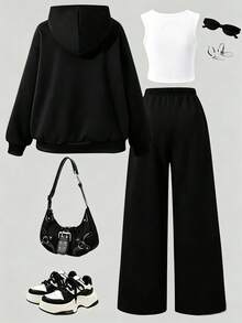 SHEIN 青少年女孩秋季套裝 白色圖案拉鍊連帽衛衣/上衣 長袖休閒返校穿搭 圓領秋季套裝 - 黑色 - 查看 3