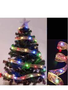 Christmas Decoration LED String Lights, Gold Ribbon Copper Wire Lights, Ribbon Colorful Lights, Copper Wire Lights, Christmas Tree Bow Satin Light Strip, 1m/3m/5m/10m Multiple Sizes Available - Golden Ribbon (Color Light) - View 3
