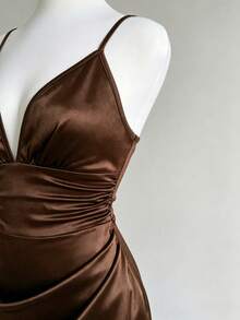 Franclia Women's Elegant Solid Satin Luxurious Spaghetti Strap Ruched Low-Cut Waist Dress - Coffee Brown - View 4