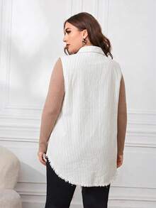 EMERY ROSE Plus Size Striped Colorblock Frayed Edge Single-Breasted Double Pocket Denim Vest Jacket - Black and White - View 3