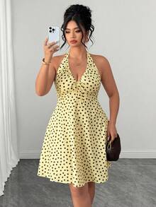 SHEIN Clasi Plus Size Women's Elegant Shirred Halter Neck Multi-Color Color-Block Waist-Cinched Slimming Dress, Back Fitted Ruched Design, Suitable For Daily Commute, Party, Birthday, Gathering - Multicolor - View 6