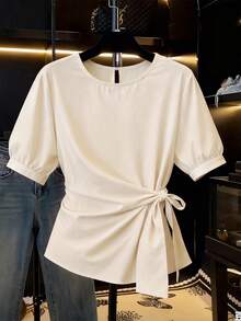 Franclia Top Feminina Cor Sólida Moda Elegante Romântica Novo Verão 2026 Top com Nó Casual Diário Deslocamento Festa do Chá Escritório Viagem Uso Doméstico Branco - Damasco - Visão 4