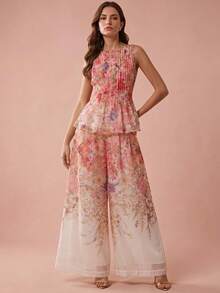 BELROSIE Summer Autumn Beige Colorblock Floral Print Ruched Waist Fla Top With Loose Wide Leg Pants, Women's 2 Pieces Set, Elegant Garden Party Vacation Wedding - White - View 8