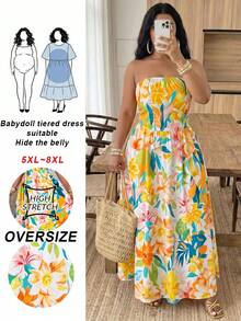 SHEIN CURVE+ Robe sans bretelles plissée à imprimé floral décontractée pour soirée pour femmes grandes tailles - Multicolore - Voir 9
