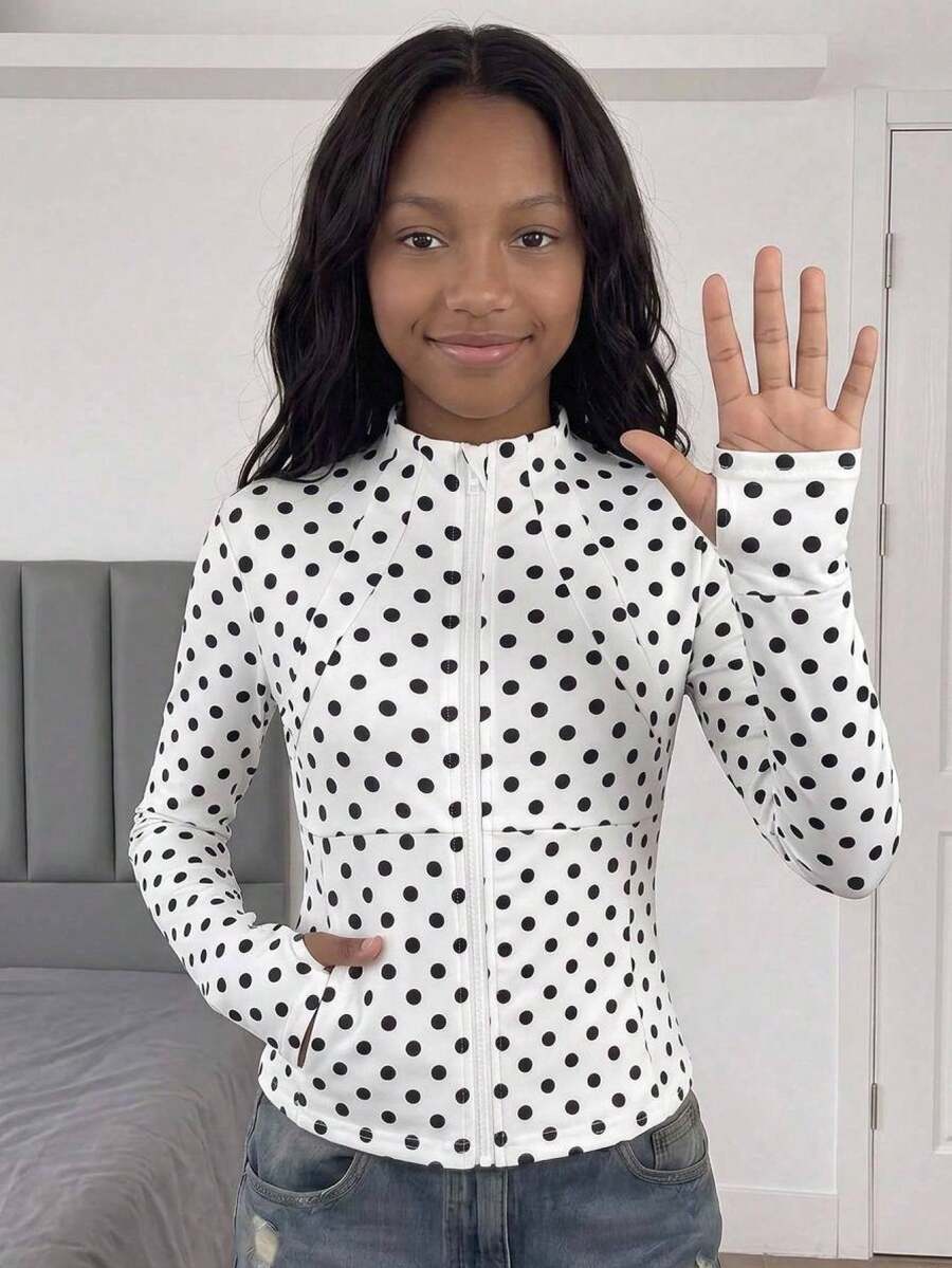 SHEIN Tween Girl All Season Spring Summer Autumn Winter Sports Sun Protection Jacket, Vintage Polka Dot Print Zipper Cardigan, Slim Fit Running Gym Yoga Workout Jacket, Tween Girl - Black and White - View 1
