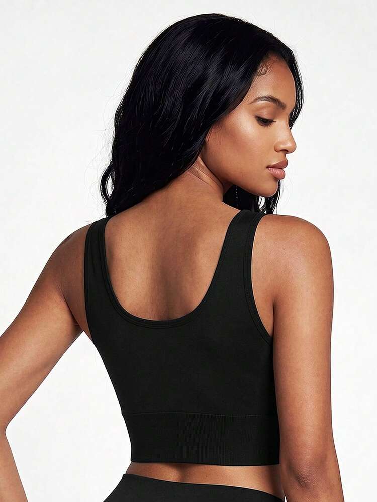 SHAPORA Black Casual Plain Crop Tank Top With Built In Bra Medium