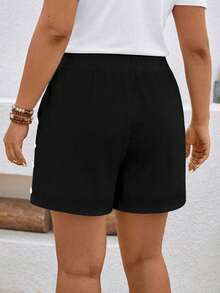 SHEIN LUNE CURVE Plus Size Versatile Cotton Linen Fabric Decorated Shorts - Black - View 2