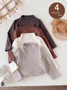LMoss Kids Baby Girl 4pcs Knitted Solid Color Striped Stand Collar Fitted Casual Winter Top Set - Multicolor - View 6