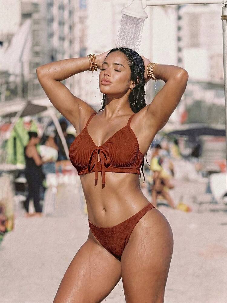 Slaydiva 2026 New Summer V-Neck Drawstring Tie-Front Swim Top | Beach Vacation Swimwear | Plus Size Swim Top - Brown - View 5