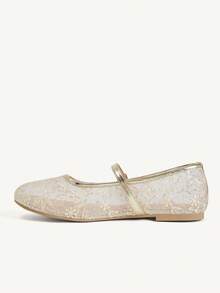 CUCCOO CHICEST 女款蕾絲網眼瑪麗珍鞋 夏季透氣扣帶平底鞋 日常通勤約會溫柔風鞋款 - 金色 - 查看 4