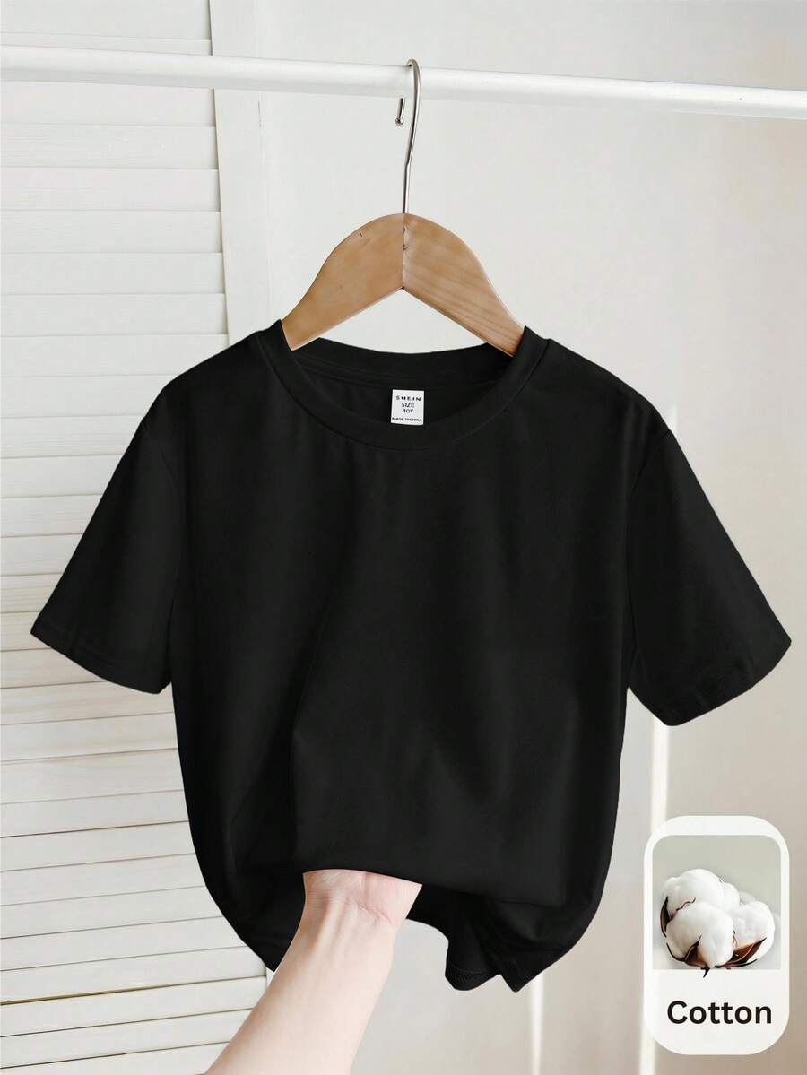 SHEIN Tween Girl Knitted Solid Color Crew Neck Fitted Casual T-Shirt - Black - View 1