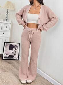 SHEIN EZwear 秋冬季女士休闲纯色宽肩带开衫搭配抽绳喇叭裤两件套 - 藕粉色 - 查看 6