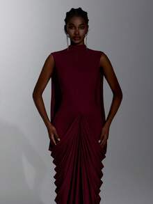 Elitara Elegant Queen Princess Stretch Fabric Round Neck Ruched Bodycon Back Slit Long Dress, Women's Party Wedding Guest Formal Evening Gown Burgundy Winter - Burgundy - View 6