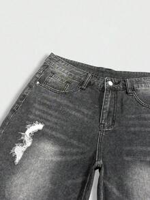 Manfinity EMRG 男士夏季灰色毛邊牛仔短褲，街頭風寬鬆大腿褲 - 灰色 - 查看 8