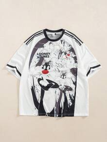 LOONEY TUNES X SHEIN Men's Cartoon Print Contrast Color Crew Neck Short Sleeve T-Shirt - White - View 1