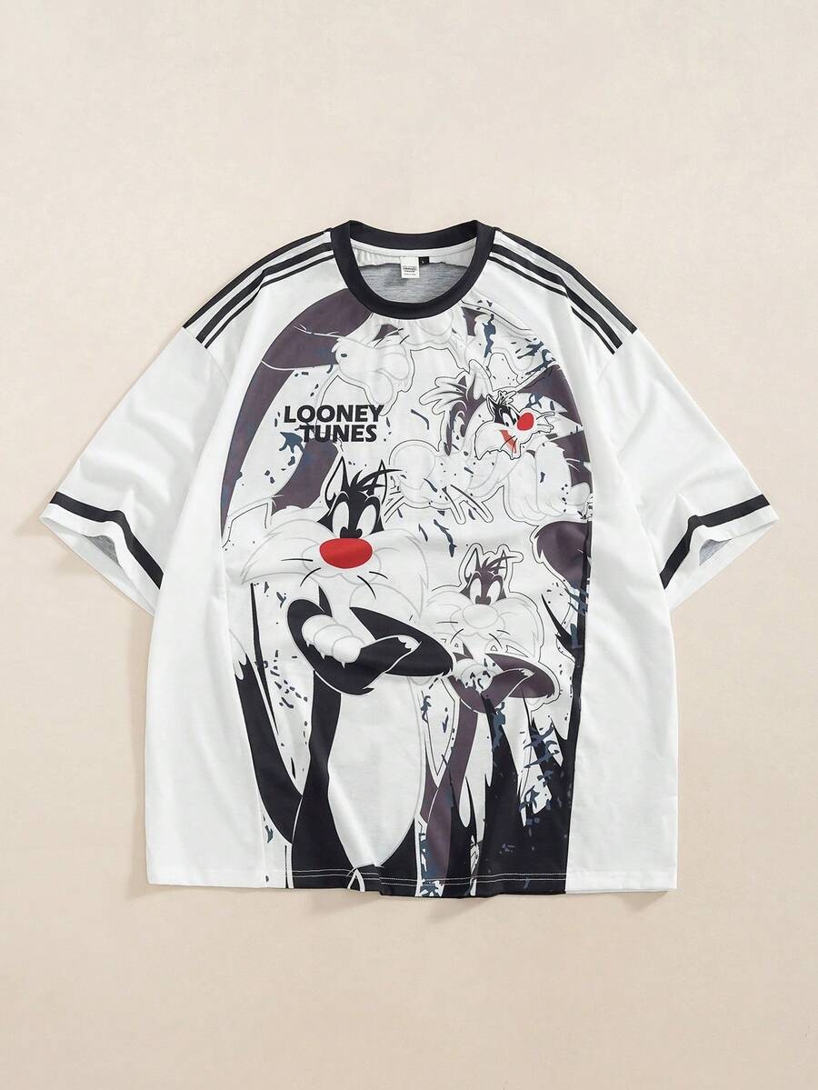 LOONEY TUNES X SHEIN Men's Cartoon Print Contrast Color Crew Neck Short Sleeve T-Shirt - White - View 1