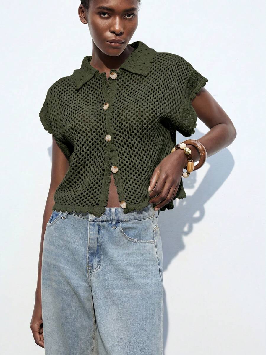 Maija Vacation Fashion Crochet Single-Breasted Knit Cardigan For Daily Wear - Army Green - View 1