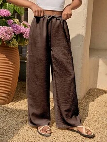 少女白色休閒長褲，抽繩亞麻風沙灘褲，優雅夏季度假陽光休閒波希米亞風白色機場沙灘褲，春季假期 - 棕色 - 查看 5