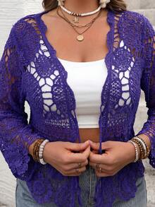 SHEIN VCAY Cardigan de punto calado para vacaciones talla grande otoño - Azul - Ver 6