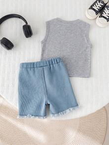 SHEIN 2pcs Baby Boy Summer Casual Street Chic Car Graphic Tank Top And Denim Shorts Set - Multicolor - View 2