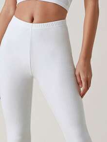 SHEIN BASICS 女款夏季純色彈性腰七分緊身褲 - 白色 - 查看 3