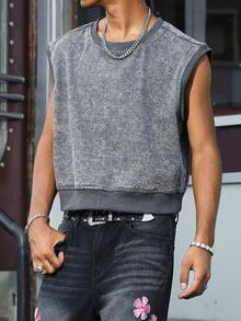 QuarKem Men's Street Style Casual Pullover Dark Grey Denim Vest - Dark Grey - View 4