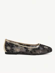 CUCCOO CHICEST Women Shoes Black Gold Embroidered Mesh Square Toe Flat-Soled Shoes, Temperament Commuter Banquet Soft-Soled Shoes - black gold - View 3