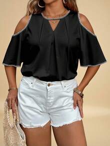 Freevana Blusa de talla grande con bordado de concha, color contrastante, plisada y hombros descubiertos, adecuada para festival de música Y2K - Multicolor - Ver 4