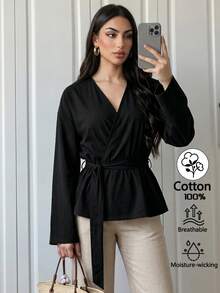 Elenzga 女款純色V領百褶時尚百搭日常休閒襯衫 - 黑色 - 查看 5