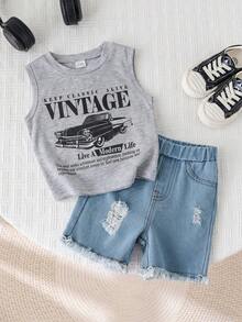 SHEIN 2pcs Baby Boy Summer Casual Street Chic Car Graphic Tank Top And Denim Shorts Set - Multicolor - View 4