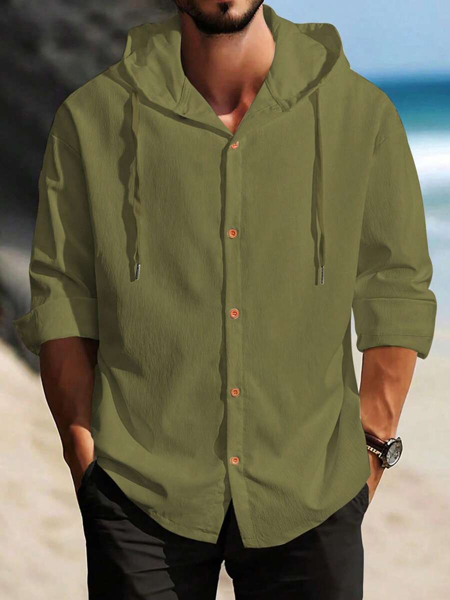Manfinity Homme 男士純色長袖單排扣抽繩連帽襯衫外套 - 軍綠色 - 查看 1