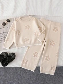 SHEIN 溫柔白色花卉兒童針織套裝，女童荷葉邊圓領毛衣與寬腿褲 2 件套，嬰兒洗禮秋季款 - 杏色 - 查看 4