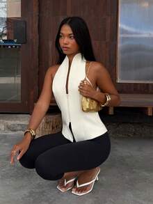 SHEIN BAE Women's Casual Elegant Sexy Commute Halter Neck Backless Tank Top Small Stand Collar Front Zipper Off-White Brunch Date Night Night Out Summer - Beige - View 5