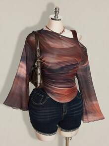 SHEIN ICON 女款大尺碼紮染 2 合 1 喇叭袖網紗 T 恤 秋季 - 彩色 - 查看 1