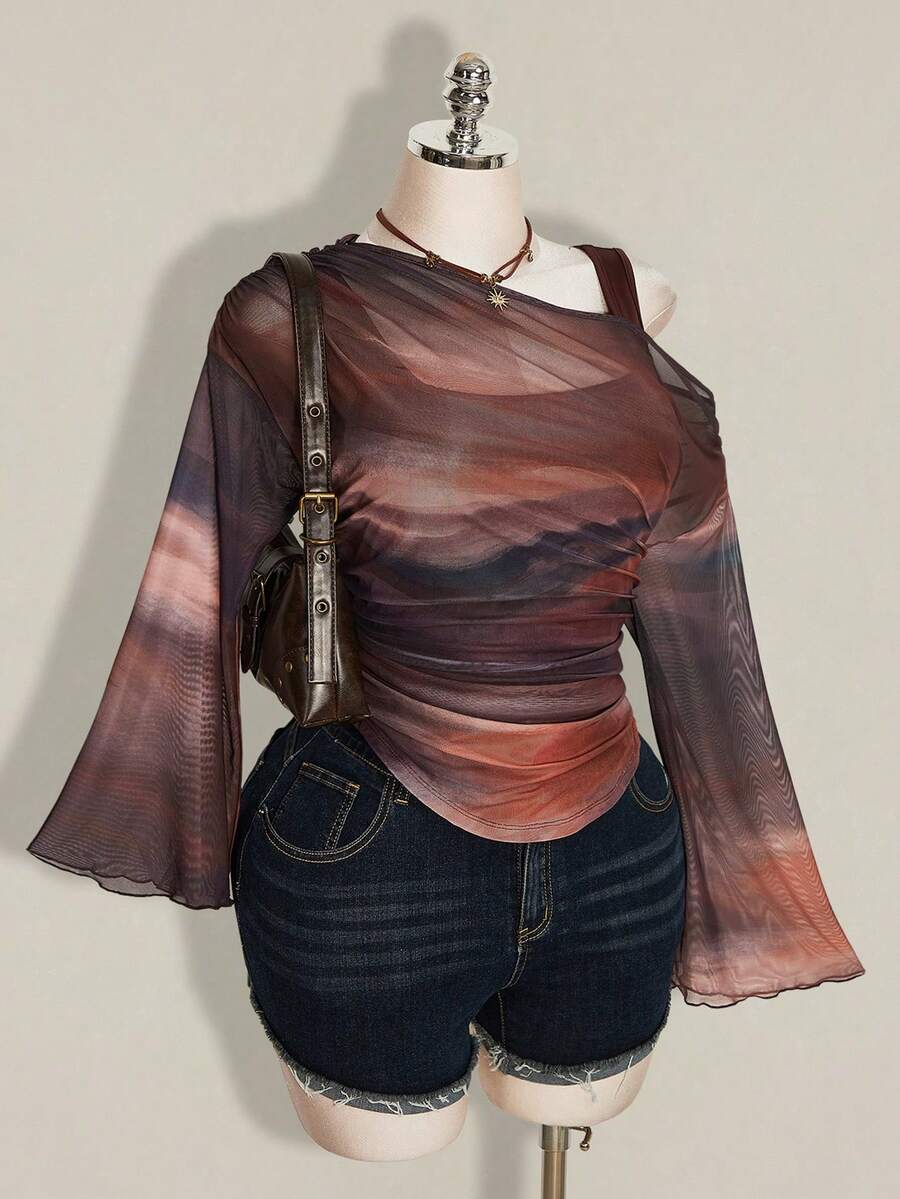 SHEIN ICON 女款大尺碼紮染 2 合 1 喇叭袖網紗 T 恤 秋季 - 彩色 - 查看 1
