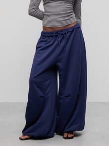 COUREZ Low Rise Oversized Casual Sweatpants With Knee Pleats, Y2K Comfy Pants For Women Navy Blue Bottoms Fall Autumn Going Out Airport - Blue - View 1
