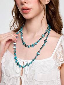 ROMWE Fairycore 1pc Women's Retro Bohemian Style Colorful Shell Beaded Double-Layer Necklace, Vintage Luxury Holiday Long Necklace, Layerable, Suitable For Beach, Travel, Women's Daily Decoration, Outfit Matching, Dating, Party, Holiday Gift. The Color And Shape Of The Gemstones And Beads Are Random. - Royal Blue - View 3
